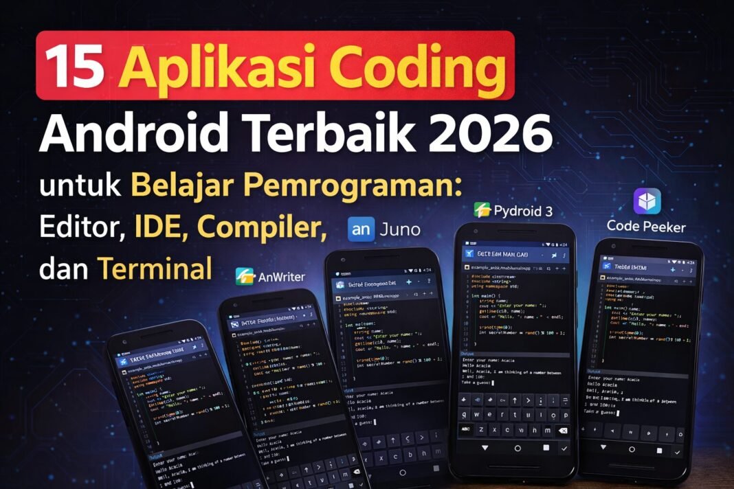 15 Aplikasi Coding Android Terbaik 2026 15 Aplikasi Coding Android Terbaik 2026 untuk Belajar Pemrograman Editor, IDE, Compiler, dan Terminal